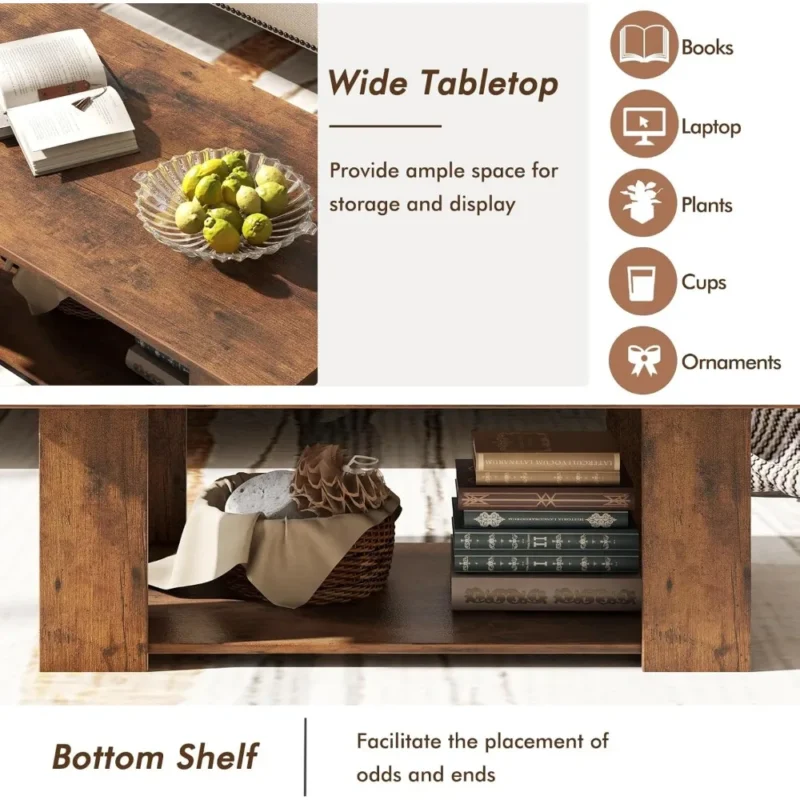 Rectangular Wood Mid-Century Modern Coffee Table with Two-Tier Storage - Image 6