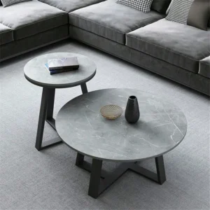 Round Marble Top Nesting Coffee Tables Set with Carbon Steel Base Mid-Century Modern Design