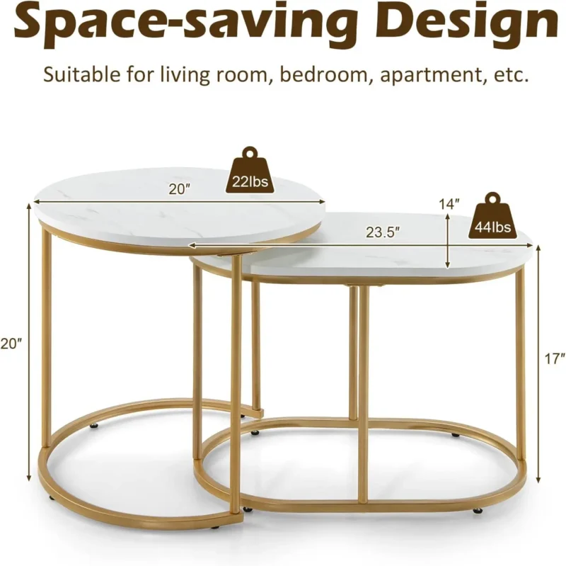 Nesting Coffee Table Set of 2 Modern Gold Frame Mid-Century Modern Tables - Image 3