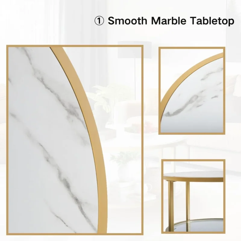 Round Faux Marble Mid-Century Modern Coffee Table with Glass Shelf - Image 4