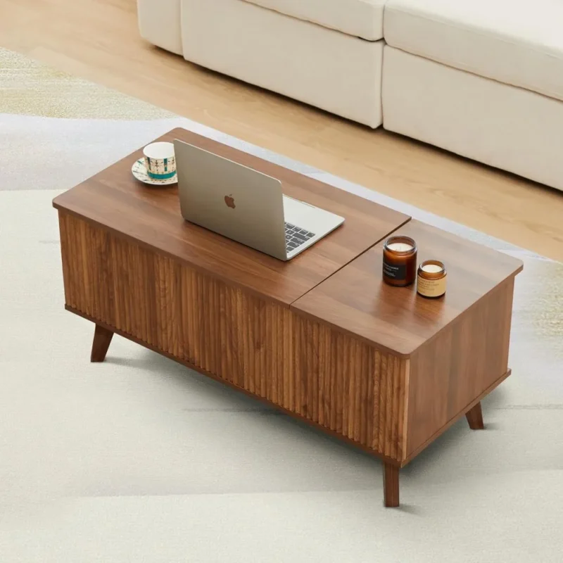 Rectangular Fluted Wood Lift Top Coffee Table with Hidden Storage Compartment - Image 3