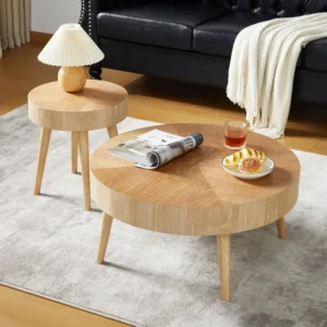 Round Nesting Solid Wood Mid-Century Modern Coffee Table Set of 2