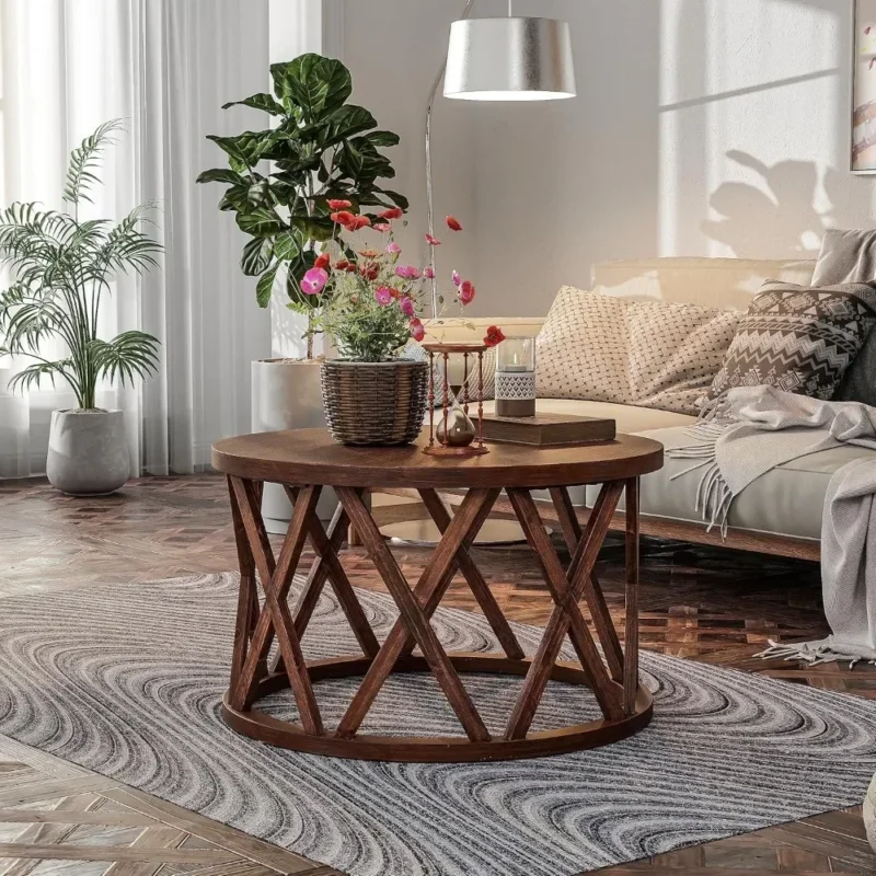 Round Engineered Wood Coffee Table with X-Motif Legs for Rustic Modern Decor
