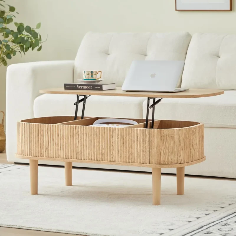 Oval Solid Wood Lift Top Mid-Century Modern Coffee Table with Hidden Storage - Image 9