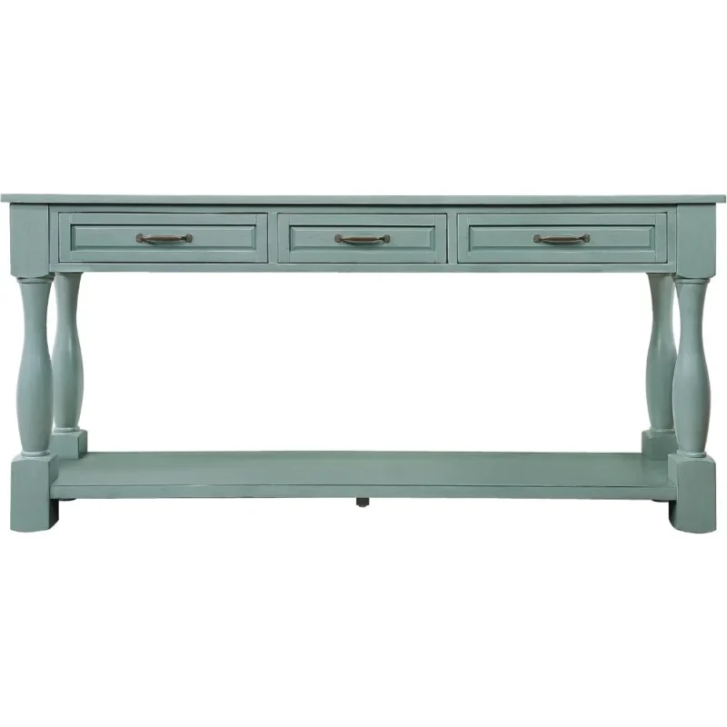 Rectangular Solid Wood Mid-Century Modern Console Table with Storage Drawer and Open Shelf