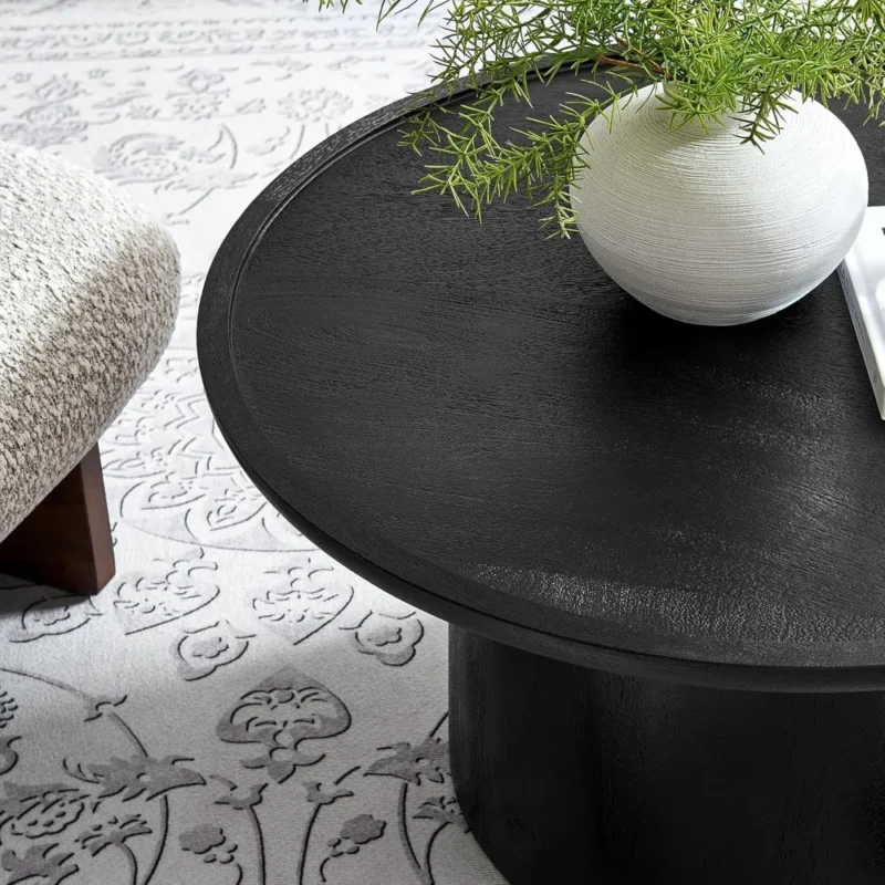 Round Mango Wood Mid-Century Modern Coffee Table with Black Finish - Image 5