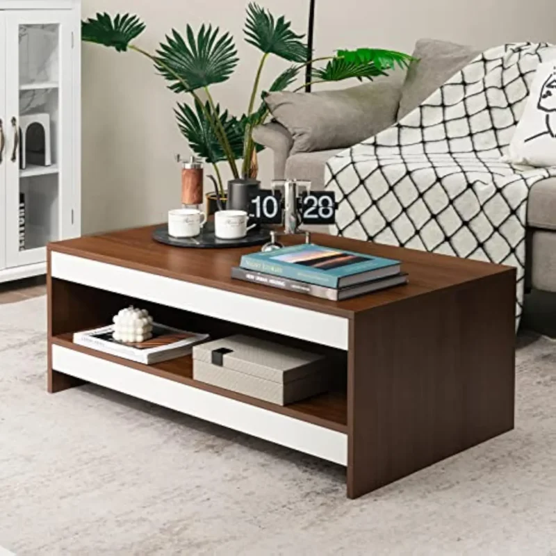 Rectangular Wood Mid-Century Modern Coffee Table with Storage Shelf