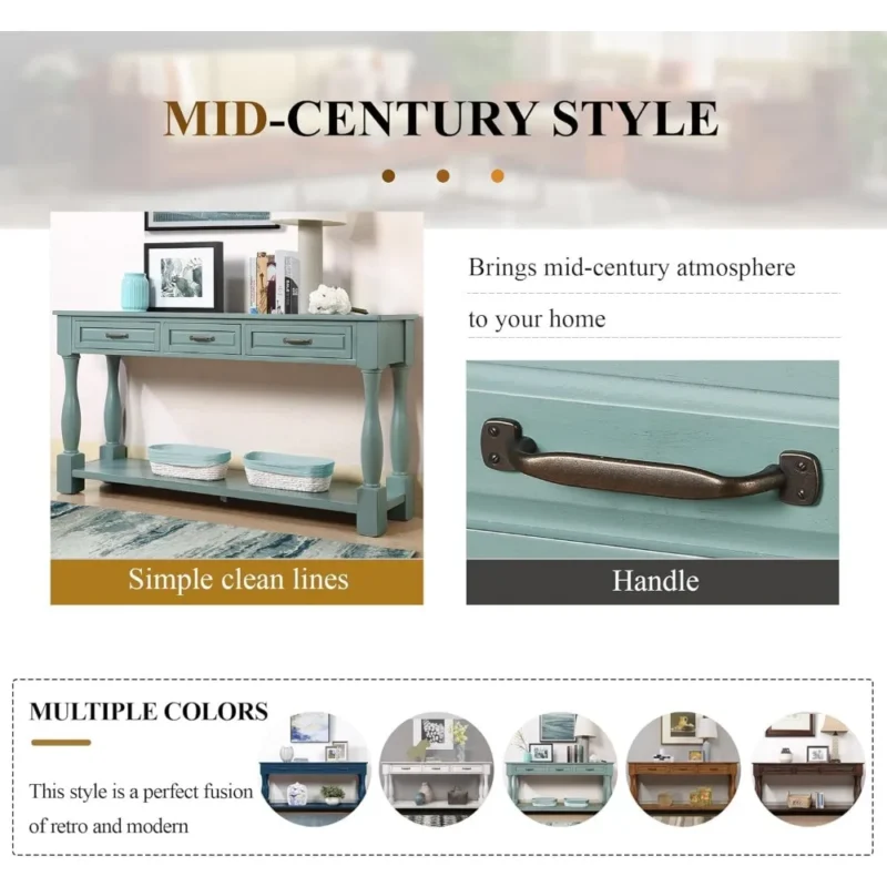 Rectangular Solid Wood Mid-Century Modern Console Table with Storage Drawer and Open Shelf - Image 6