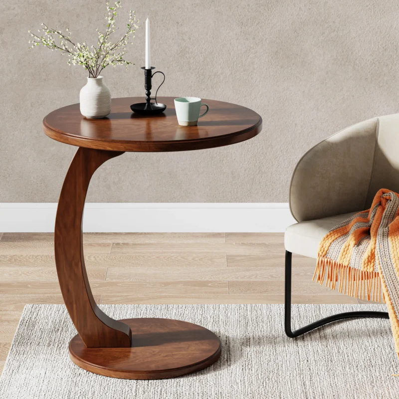 Round Walnut Wood Mid-Century Modern Side Table with C-Shaped Base