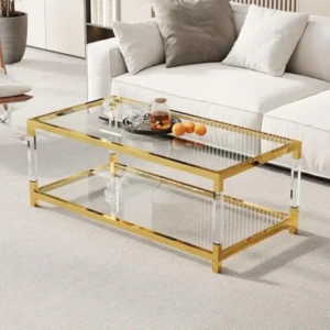 Rectangular Glass Coffee Table with Gold Steel Base and Acrylic Legs Mid-Century Modern