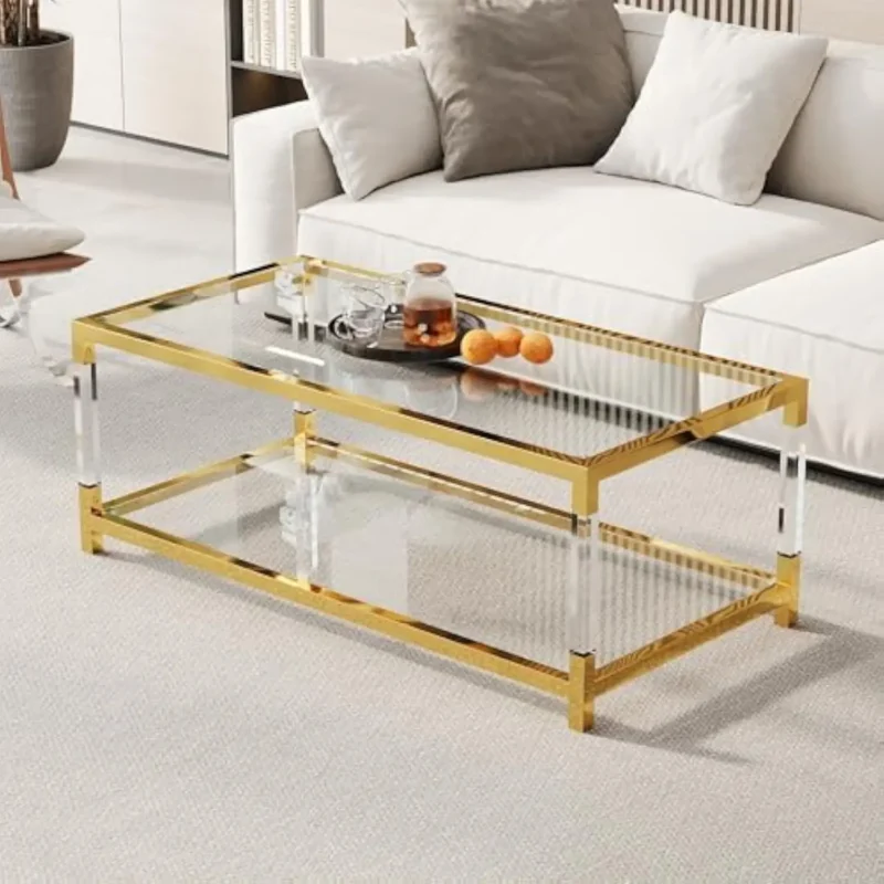 Rectangular Glass Coffee Table with Gold Steel Base and Acrylic Legs Mid-Century Modern