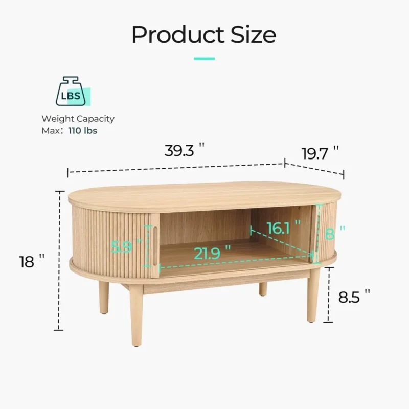 Oval Engineered Wood Mid-Century Modern Coffee Table with Storage Tambour Door - Image 3