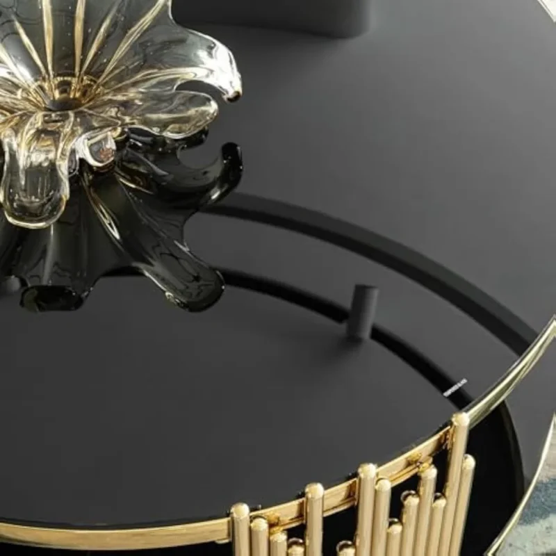 Round Black Glass Two-Tier Mid-Century Modern Coffee Table with Gold Frame - Image 4