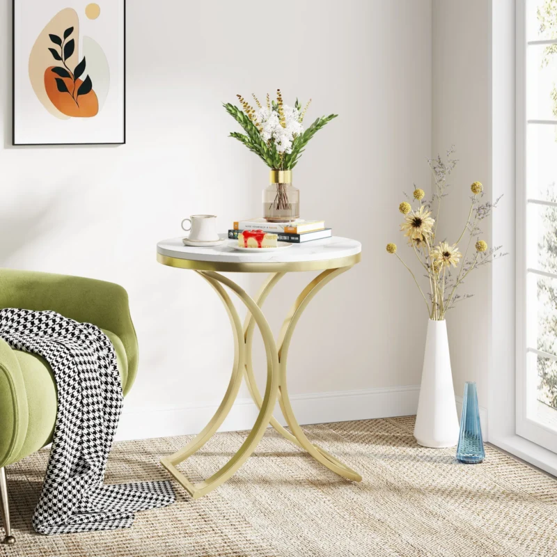 Round Metal End Table with Gold Frame Modern Accent Side Table - Image 6