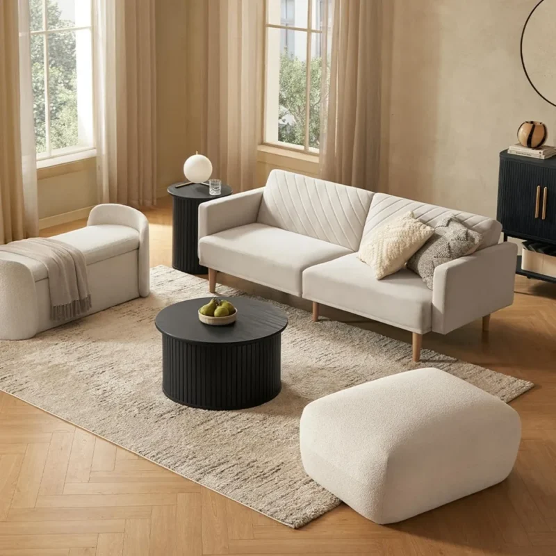 Round Black Wood Mid-Century Modern Storage Coffee Table with Tambour Door - Image 2