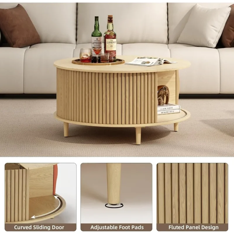 Round Oak Engineered Wood Mid-Century Modern Coffee Table with Storage Cabinet - Image 3