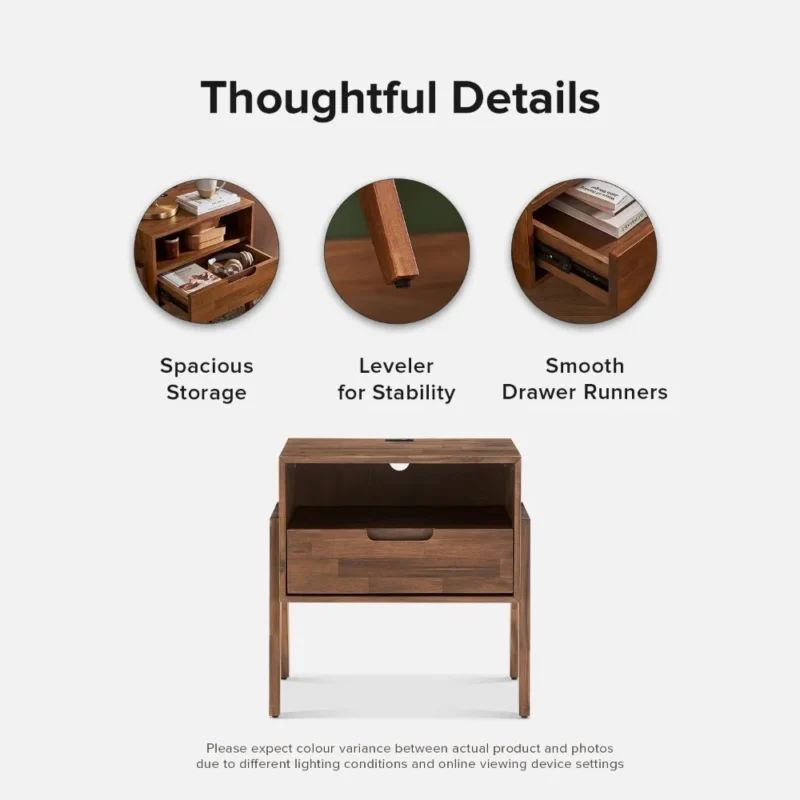 Walnut Solid Wood Mid-Century Modern Nightstand with Charging Station and Drawer - Image 4