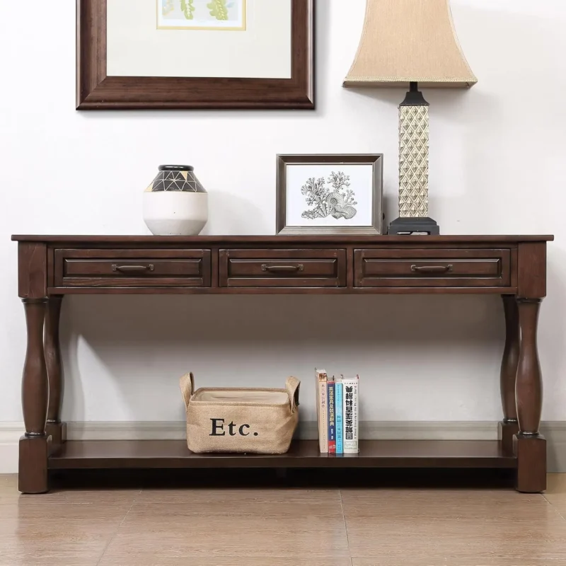 Rectangular Solid Wood Mid-Century Modern Console Table with Storage Drawer and Open Shelf - Image 9