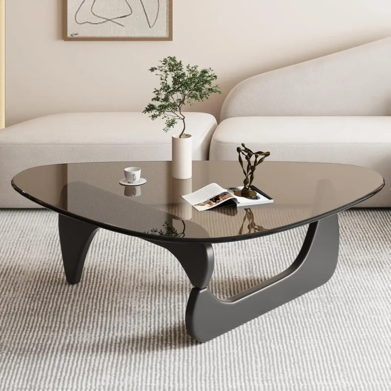 Triangular Tempered Glass Mid-Century Modern Coffee Table with Wooden Base - Image 7