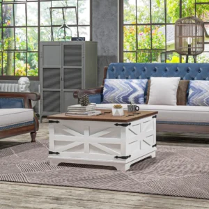 Square Lift Top White Modern Coffee Table with Hidden Storage Compartment