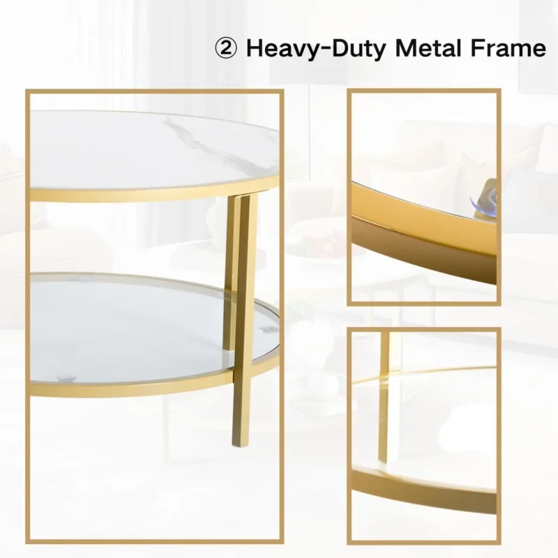 Round Faux Marble Mid-Century Modern Coffee Table with Glass Shelf - Image 5