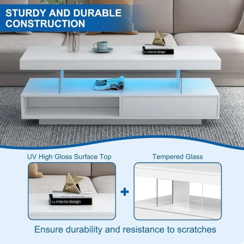 Rectangular White High Gloss LED Coffee Table with Storage Drawer - Image 5