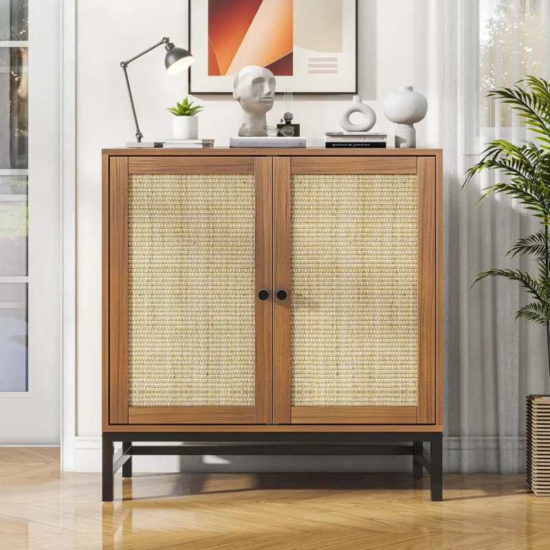 Walnut Rattan Mid-Century Modern Sideboard Cabinet with 4 Doors - Image 7