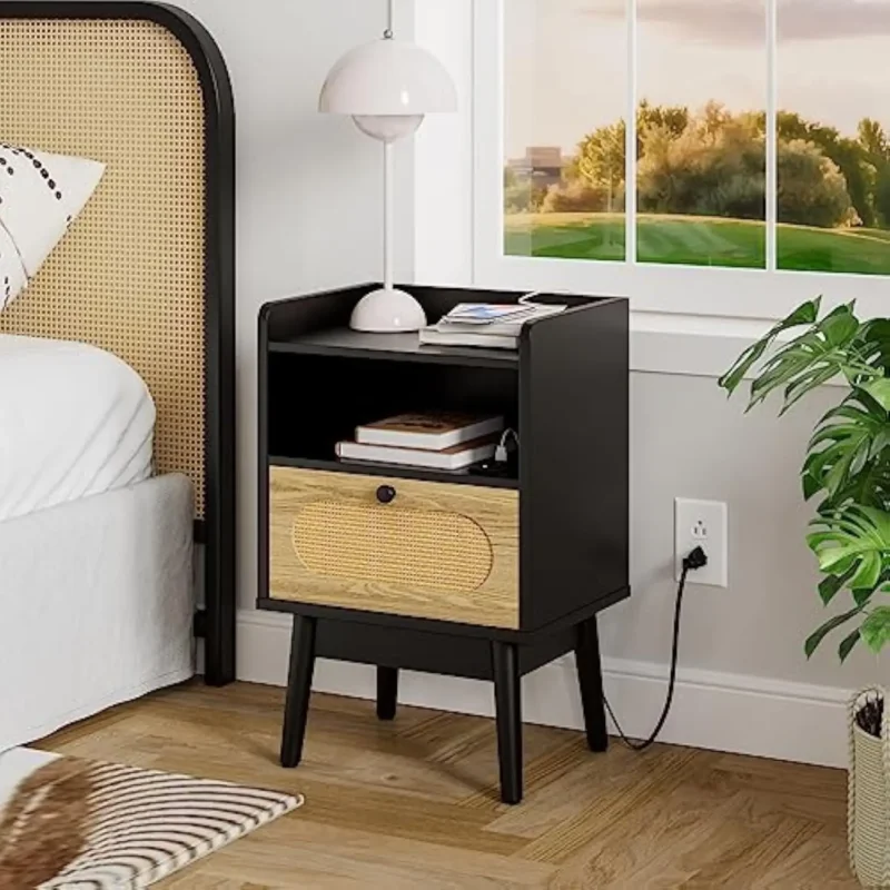 Round Rattan Modern Nightstand Set with Charging Station Mid-Century Bedside Tables - Image 2