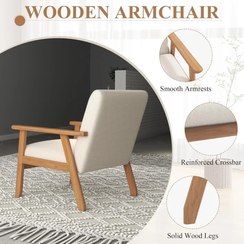 Square Beige Upholstered Mid-Century Modern Accent Chairs with Wood Frame Side Table Set - Image 5
