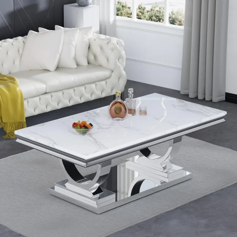 Rectangular White Marble Coffee Table with U-Shaped Stainless Steel Base - Image 2