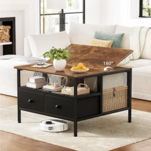 Square Lift-Top Wood Coffee Table with Metal Frame Modern Design