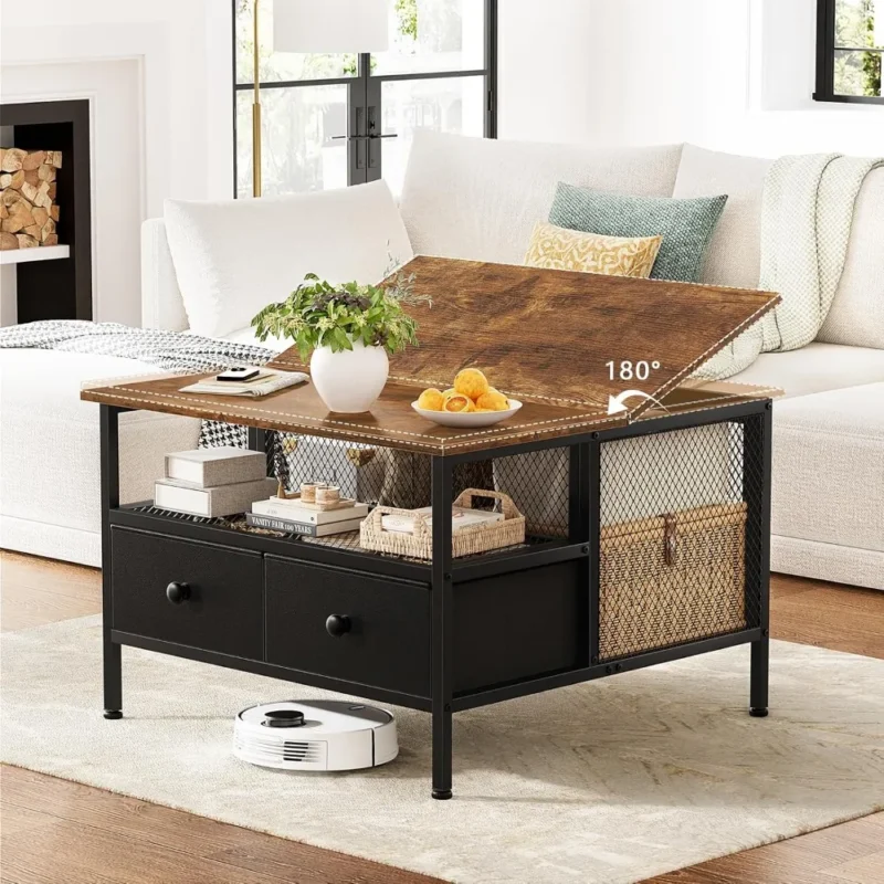 Square Lift-Top Wood Coffee Table with Metal Frame Modern Design