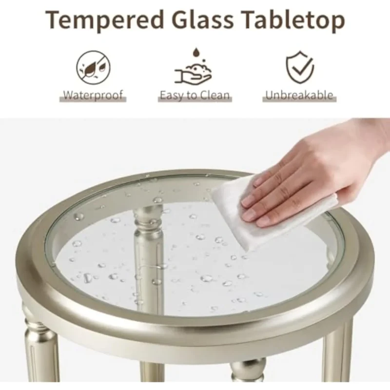 Round Tempered Glass Top Mid-Century Modern Side Table with Wooden Base - Image 4
