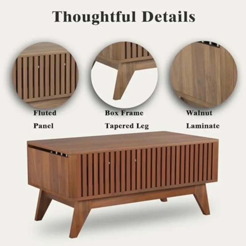 Fluted Lift Top Mid-Century Modern Coffee Table with Hidden Storage - Image 4
