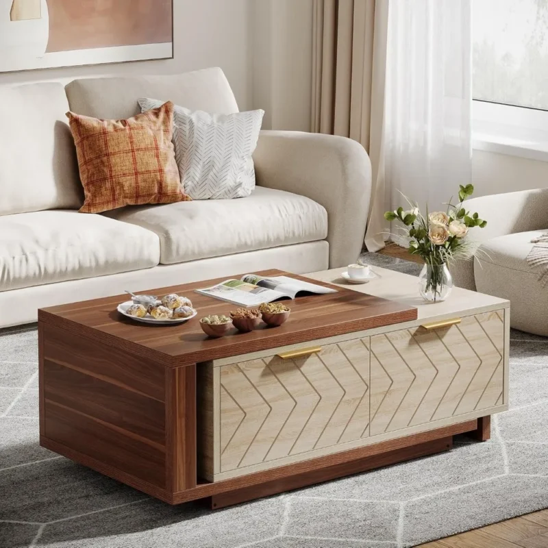 Rectangular Walnut Oak Wood Extendable Coffee Table with Storage Drawers - Image 3