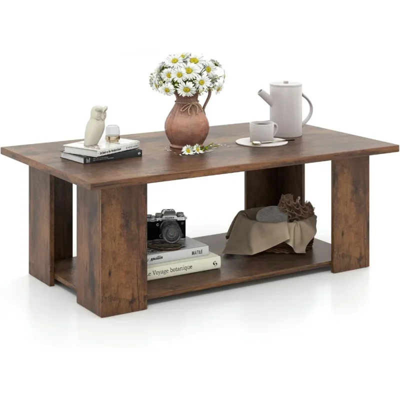 Rectangular Wood Mid-Century Modern Coffee Table with Two-Tier Storage - Image 2