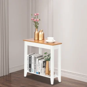 Rectangular White Two-Tier Mid-Century Modern Side Table with Natural Wood Legs