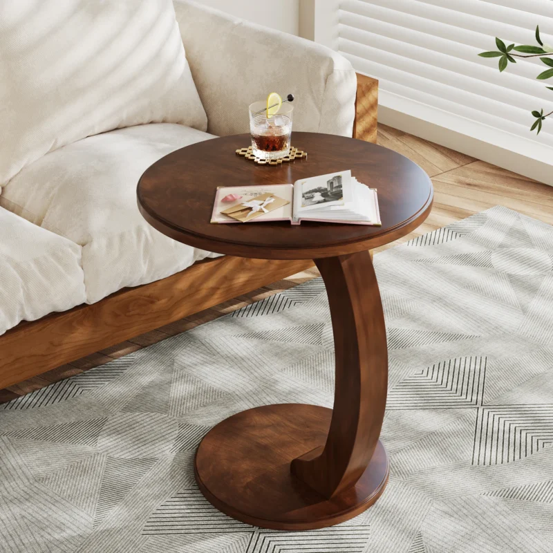 Round Walnut Wood Mid-Century Modern Side Table with C-Shaped Base - Image 2