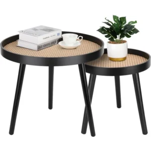Round Handwoven Rattan Mid-Century Modern Side Table with Black Frame