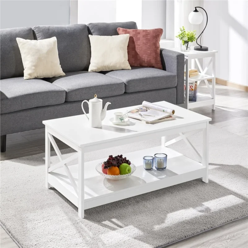 Rectangular Mahogany Mid-Century Modern Coffee Table with X-Frame Storage Shelf - Image 2