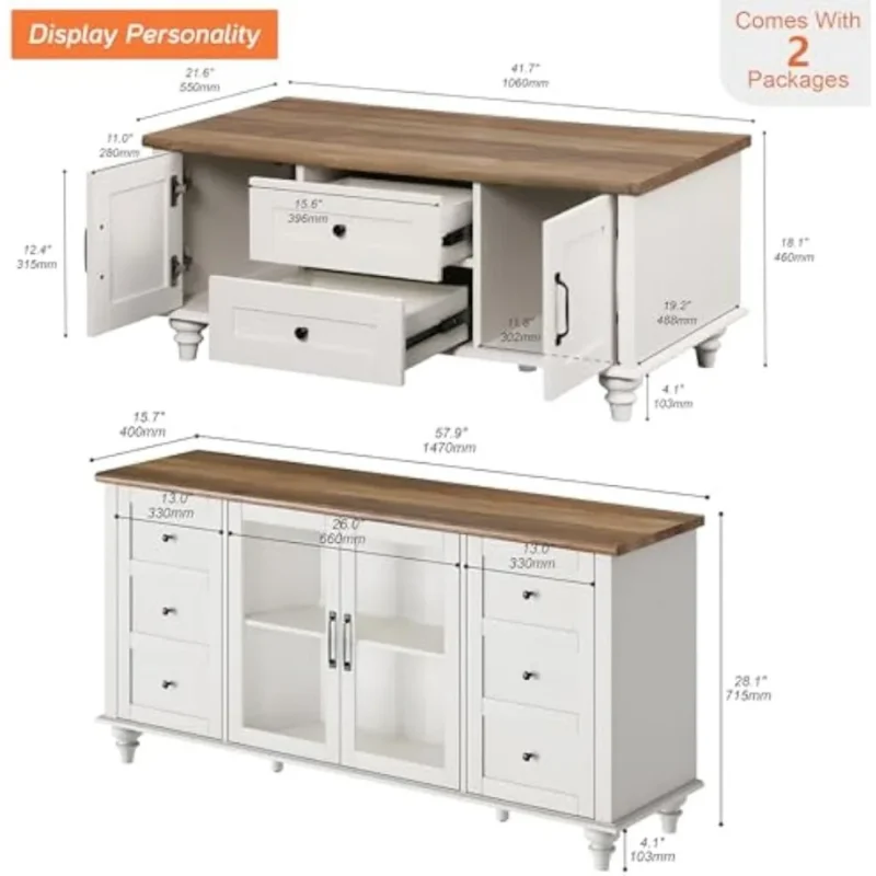 Rustic Wood Entertainment Center & Coffee Table Set with Storage for Living Room - Image 2