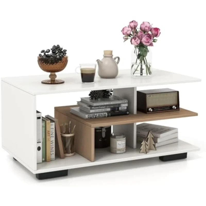 Rectangular Wooden Modern 3-Tier Coffee Table with L-Shaped Storage Shelves - Image 3