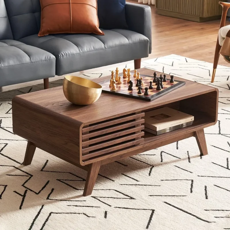 Rectangular Fluted Walnut Mid-Century Modern Coffee Table with Storage - Image 5