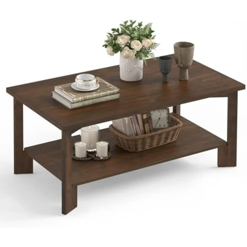 Rectangular Dark Walnut Mid-Century Modern Coffee Table with Storage Shelf