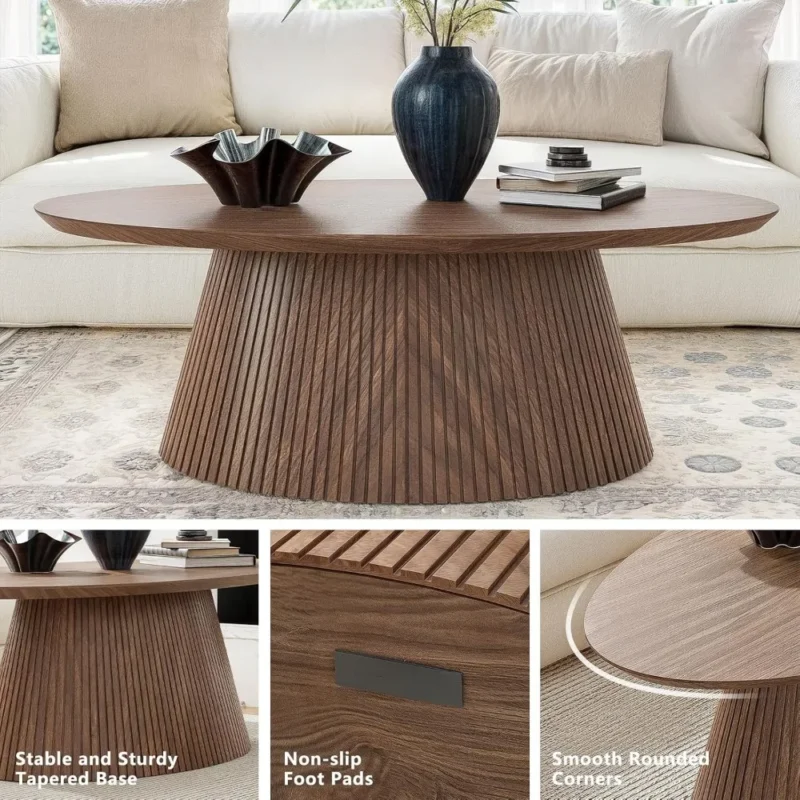 Oval Walnut Fluted Mid-Century Modern Coffee Table with Wood Grain Veneer - Image 4