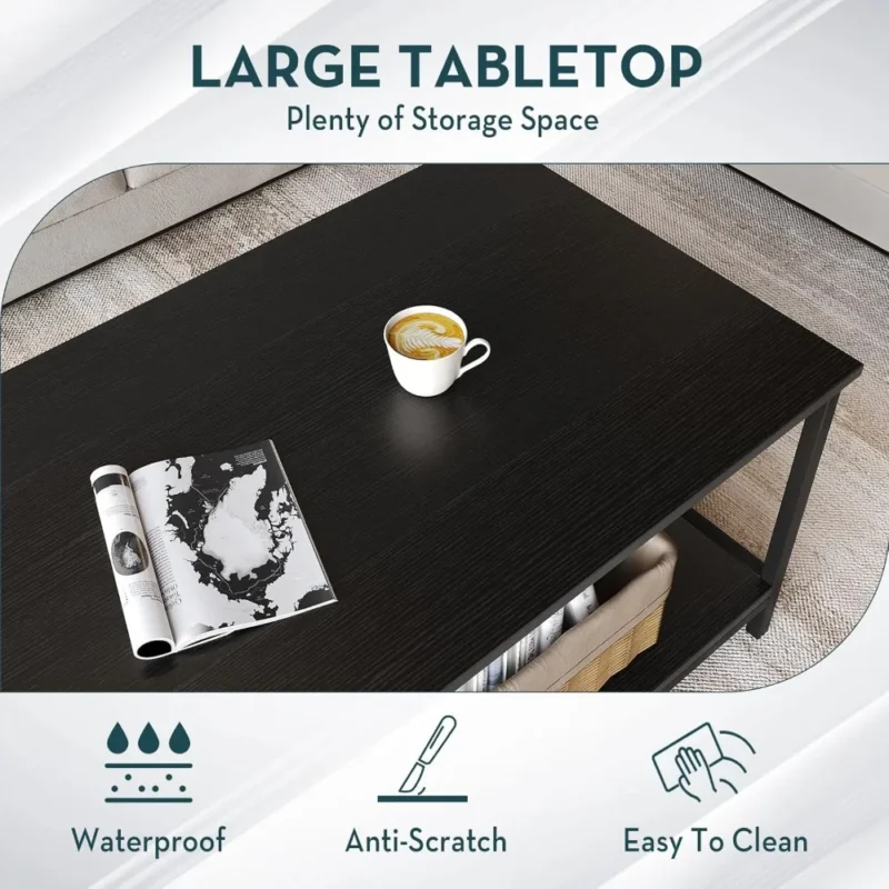 Rectangular Wood Industrial Modern Coffee Table with Storage Shelf - Image 4