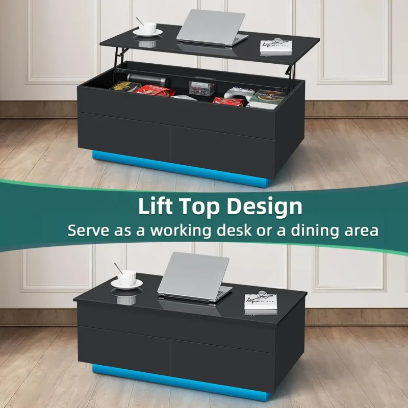 Black Lift Top Coffee Table with LED Lighting and Hidden Storage Modern - Image 3
