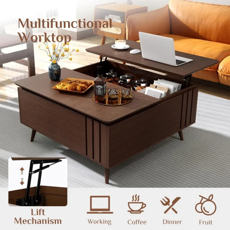 Square Wood Lift-Top Mid-Century Modern Coffee Table with Storage Compartment - Image 3
