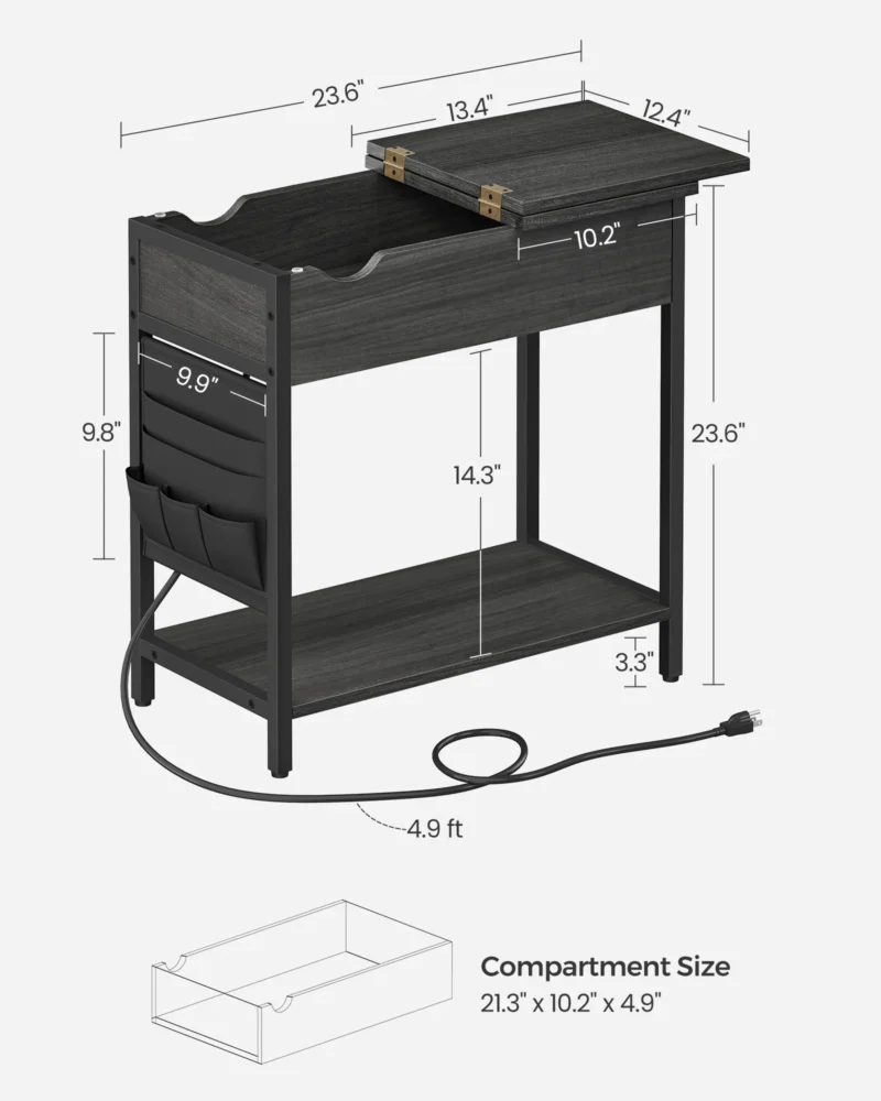 Modern Rectangular Wooden End Table with USB Charging Station and Storage Baskets - Image 6
