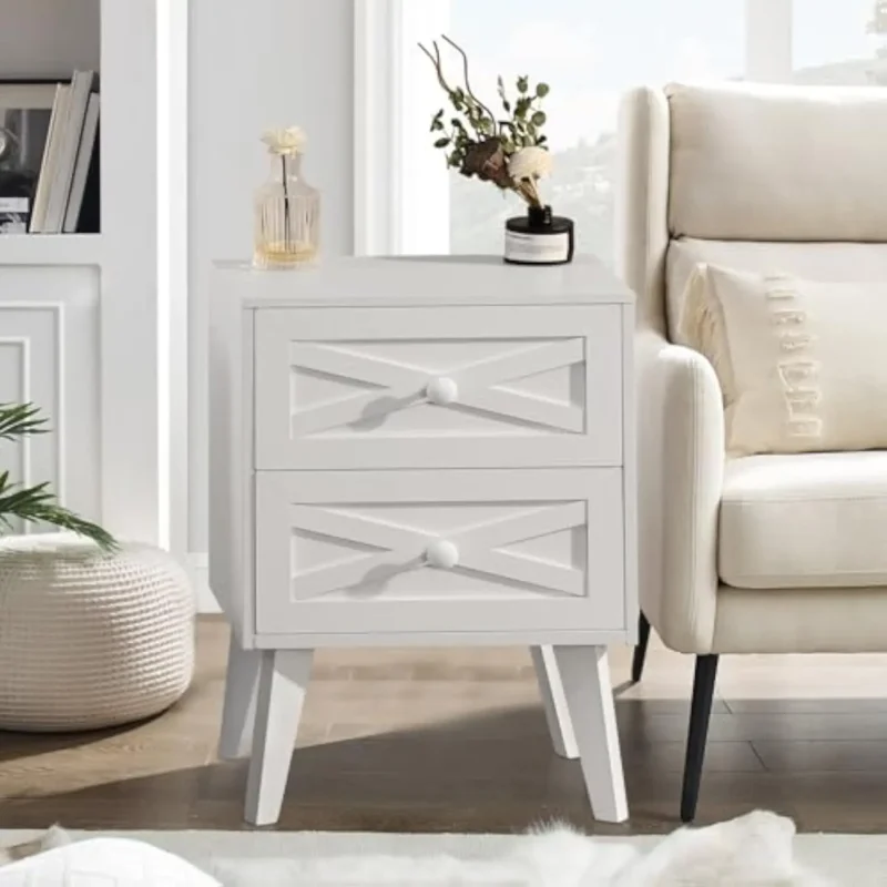 White Mid-Century Modern Nightstand Set with Barn Door Design and Two Drawers - Image 2